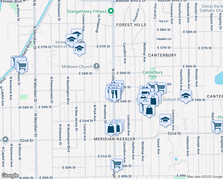 map of restaurants, bars, coffee shops, grocery stores, and more near 5434 North College Avenue in Indianapolis