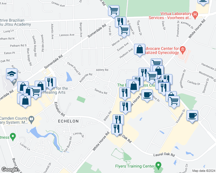map of restaurants, bars, coffee shops, grocery stores, and more near 1821 Roberts Way in Voorhees Township