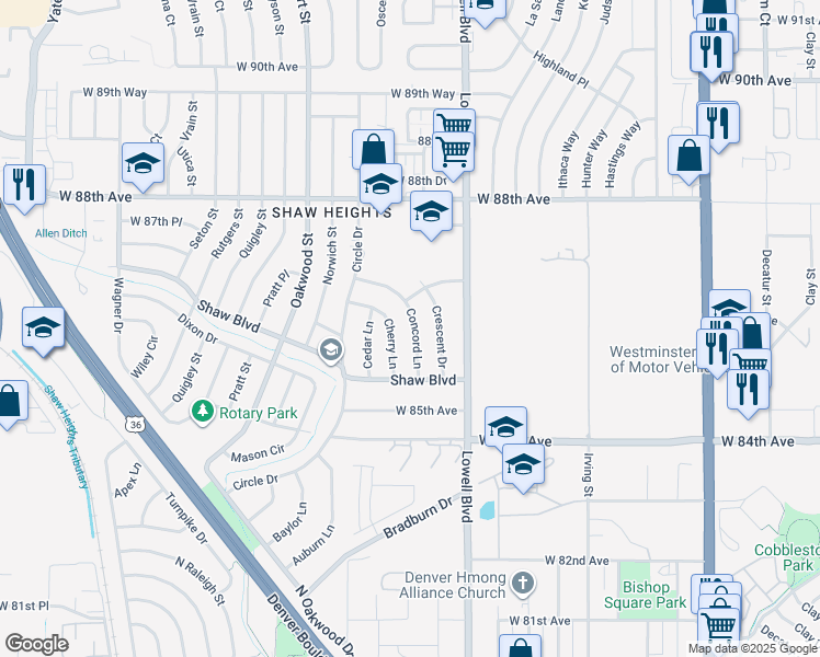 map of restaurants, bars, coffee shops, grocery stores, and more near 8560 Concord Lane in Westminster
