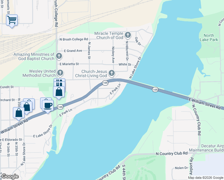 map of restaurants, bars, coffee shops, grocery stores, and more near 4181 East Park Lane in Decatur