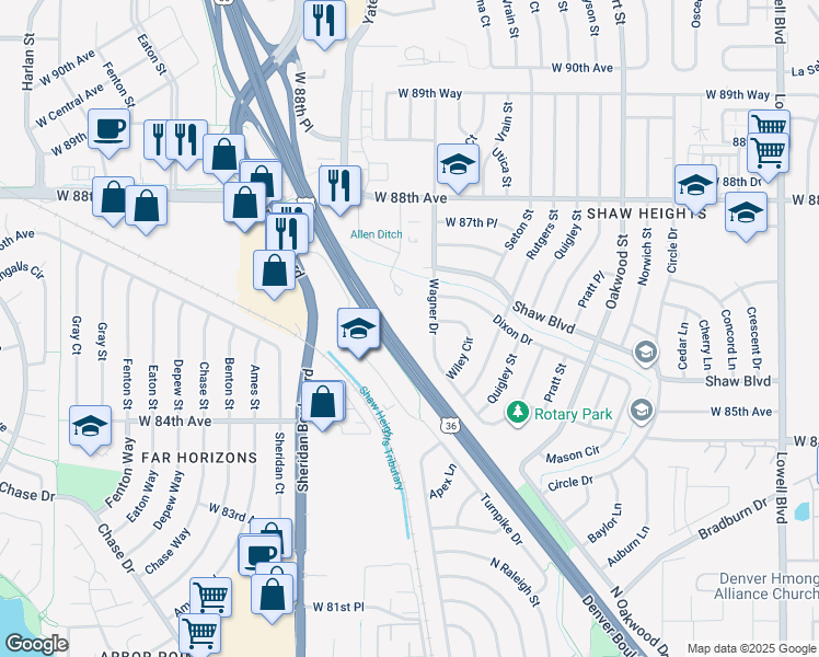 map of restaurants, bars, coffee shops, grocery stores, and more near 8620 Wolff Court in Westminster