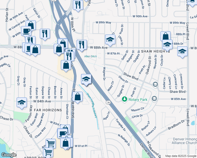 map of restaurants, bars, coffee shops, grocery stores, and more near 8620 Wolff Court in Westminster