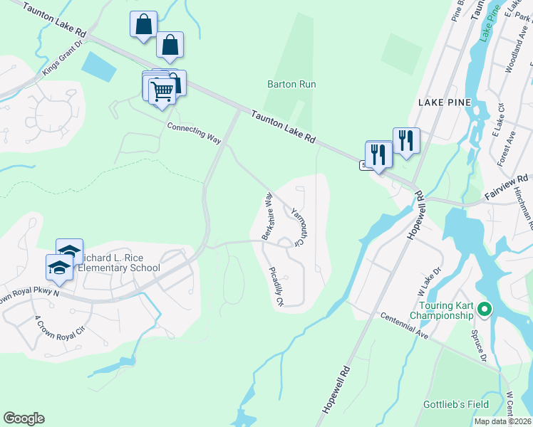map of restaurants, bars, coffee shops, grocery stores, and more near 101 Berkshire Way in Evesham