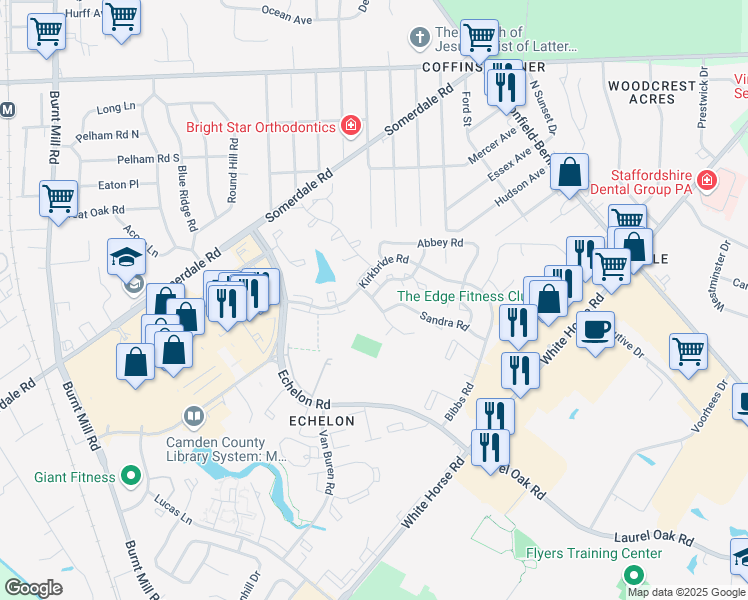 map of restaurants, bars, coffee shops, grocery stores, and more near 9 Buttonwood Road in Voorhees Township