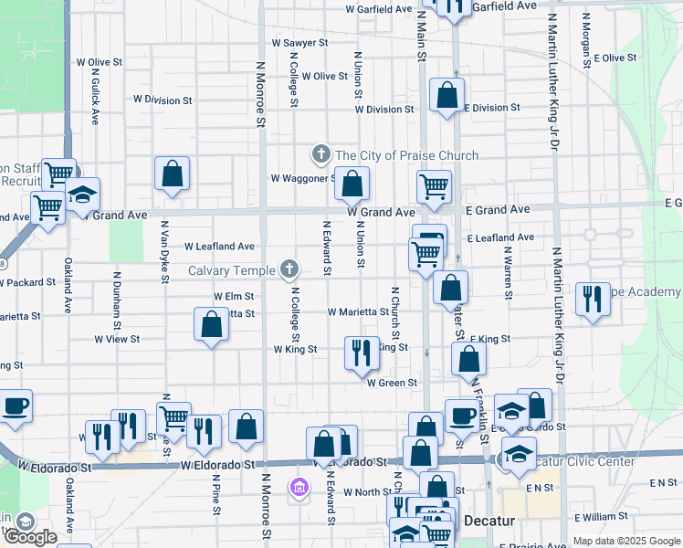map of restaurants, bars, coffee shops, grocery stores, and more near 1056 North Edward Street in Decatur