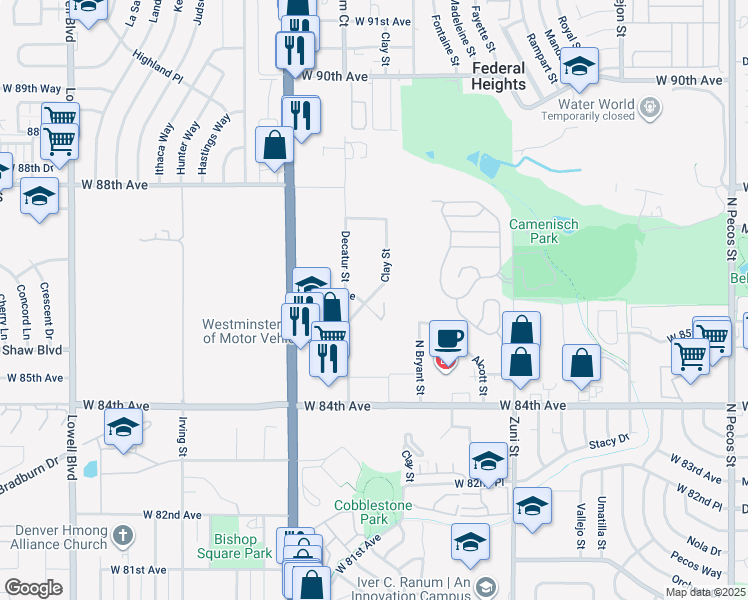 map of restaurants, bars, coffee shops, grocery stores, and more near 2730 West 86th Avenue in Westminster