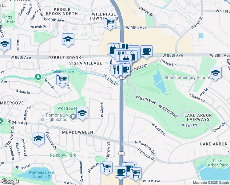 map of restaurants, bars, coffee shops, grocery stores, and more near 8601 Wadsworth Boulevard in Arvada