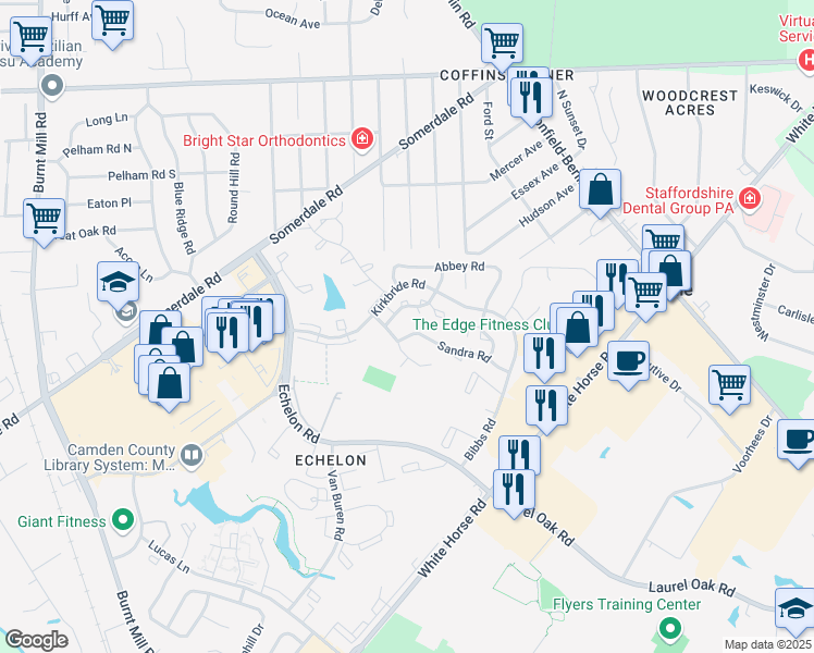 map of restaurants, bars, coffee shops, grocery stores, and more near 16 Sandra Road in Voorhees Township