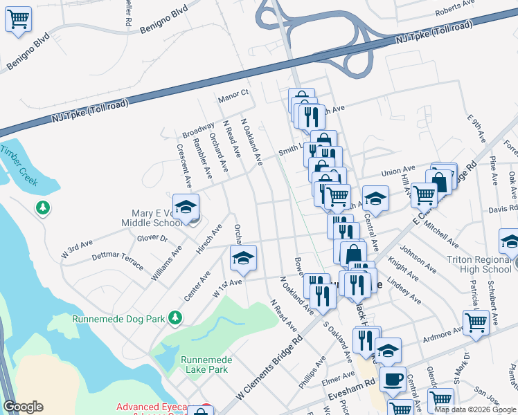 map of restaurants, bars, coffee shops, grocery stores, and more near 222 West 5th Avenue in Runnemede