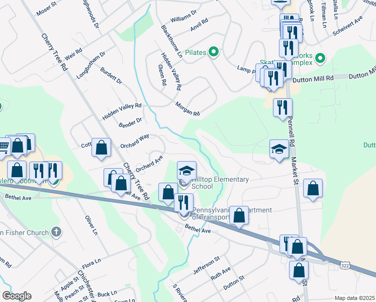 map of restaurants, bars, coffee shops, grocery stores, and more near 718 Springton Circle in Aston