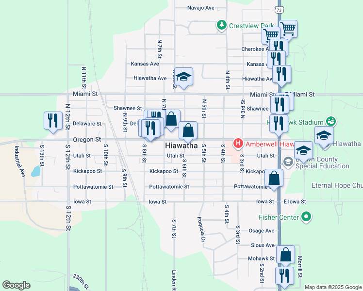 map of restaurants, bars, coffee shops, grocery stores, and more near in Hiawatha