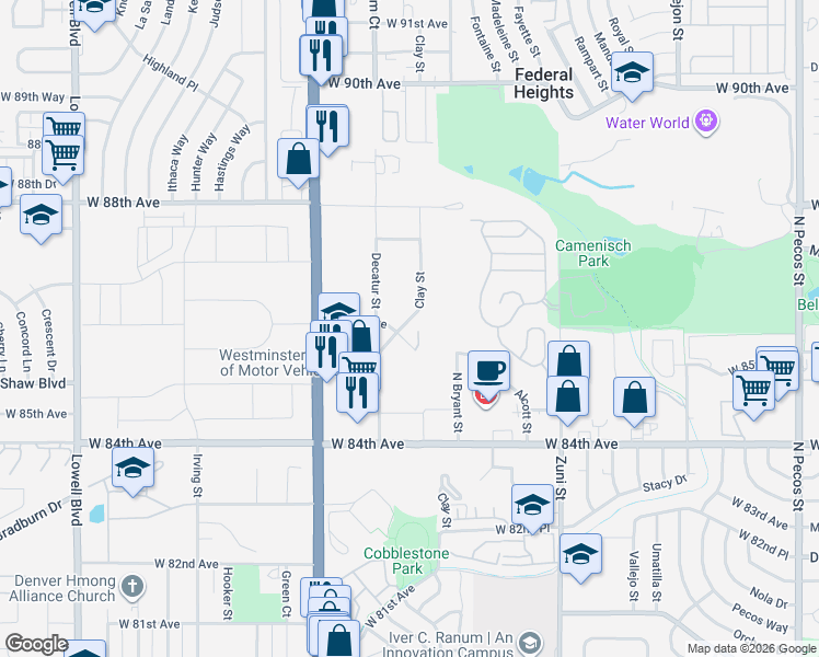 map of restaurants, bars, coffee shops, grocery stores, and more near 2730 West 86th Avenue in Westminster