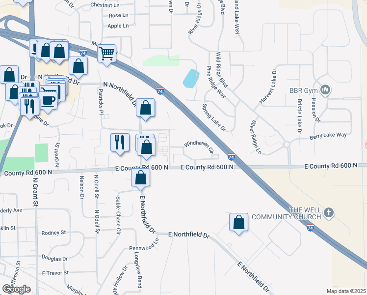 map of restaurants, bars, coffee shops, grocery stores, and more near 1109 Windhaven Circle in Brownsburg