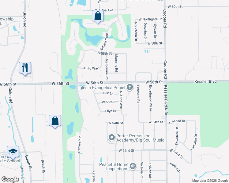 map of restaurants, bars, coffee shops, grocery stores, and more near 3415 Julie Lane in Indianapolis