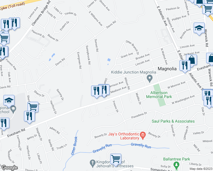 map of restaurants, bars, coffee shops, grocery stores, and more near 729 Harrison Avenue in Magnolia