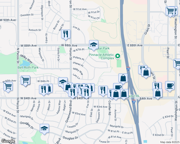 map of restaurants, bars, coffee shops, grocery stores, and more near 451 Leo Lane in Thornton