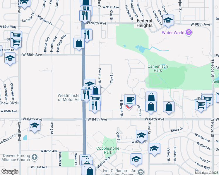 map of restaurants, bars, coffee shops, grocery stores, and more near 2730 West 86th Avenue in Westminster