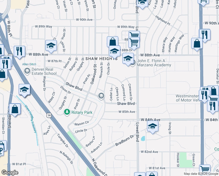 map of restaurants, bars, coffee shops, grocery stores, and more near 8550 Circle Drive in Westminster