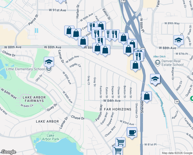 map of restaurants, bars, coffee shops, grocery stores, and more near 8509 Fenton Street in Arvada