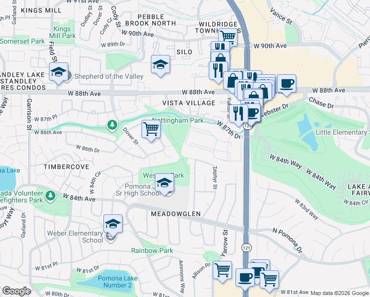 map of restaurants, bars, coffee shops, grocery stores, and more near 8496 Zephyr Street in Arvada