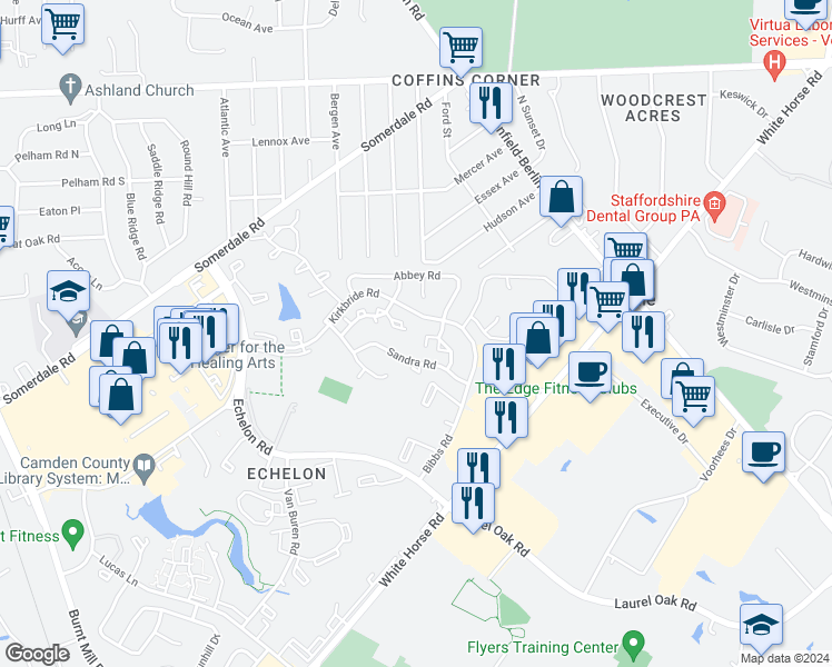 map of restaurants, bars, coffee shops, grocery stores, and more near 89 Sandra Road in Voorhees Township
