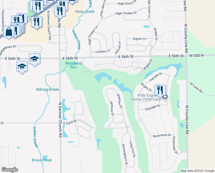 map of restaurants, bars, coffee shops, grocery stores, and more near 5456 Shamus Drive in Indianapolis
