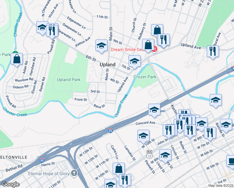 map of restaurants, bars, coffee shops, grocery stores, and more near in Upland