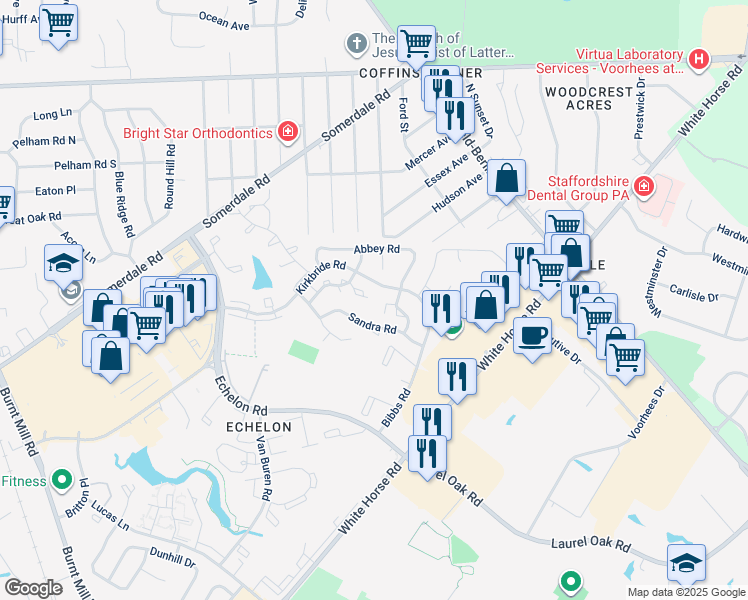 map of restaurants, bars, coffee shops, grocery stores, and more near 1108 Roberts Way in Voorhees Township