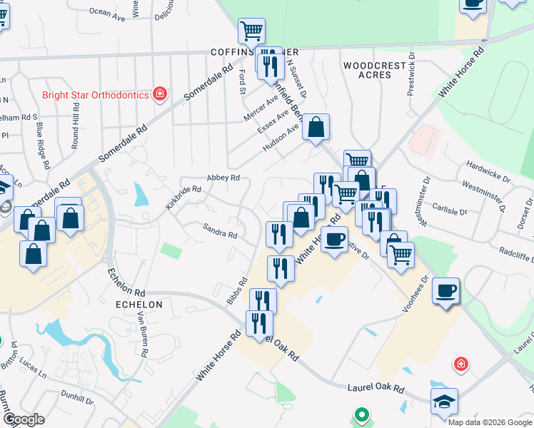 map of restaurants, bars, coffee shops, grocery stores, and more near Franklin Dr & Alexander Ct in Voorhees Township