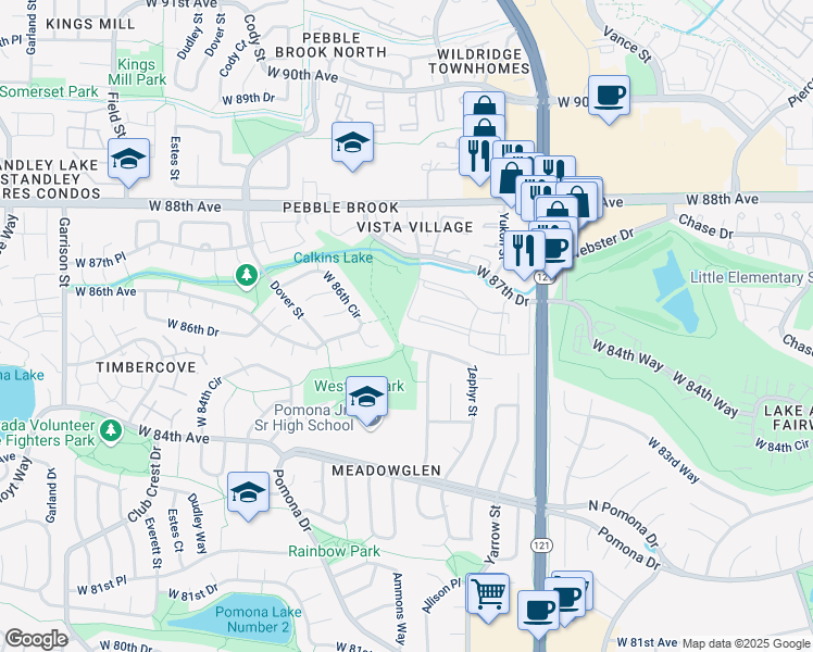 map of restaurants, bars, coffee shops, grocery stores, and more near 8496 Zephyr Street in Arvada