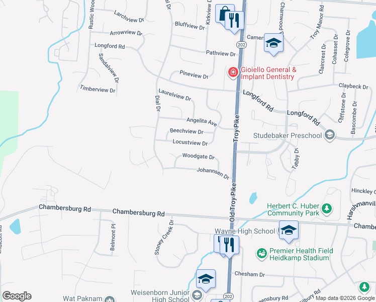 map of restaurants, bars, coffee shops, grocery stores, and more near 5430 Woodgate Drive in Dayton