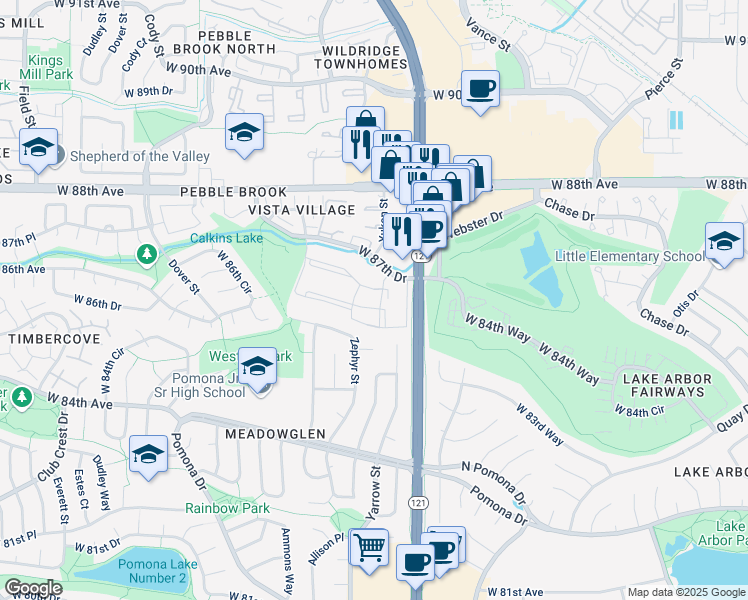 map of restaurants, bars, coffee shops, grocery stores, and more near 8685 Yukon Street in Westminster