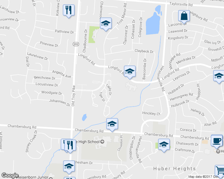 map of restaurants, bars, coffee shops, grocery stores, and more near 6852 Tabby Drive in Dayton