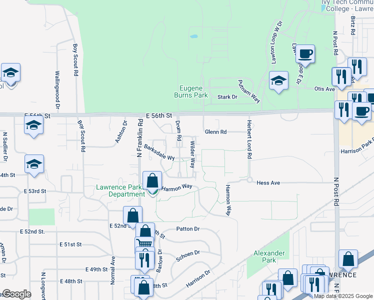 map of restaurants, bars, coffee shops, grocery stores, and more near 5411 Drum Road in Indianapolis