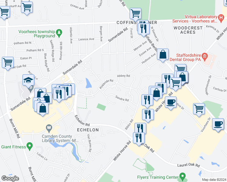 map of restaurants, bars, coffee shops, grocery stores, and more near 16 Sandra Road in Voorhees Township