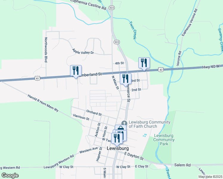 map of restaurants, bars, coffee shops, grocery stores, and more near 801 North Main Street in Lewisburg