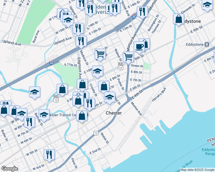 map of restaurants, bars, coffee shops, grocery stores, and more near 710 Upland Street in Chester