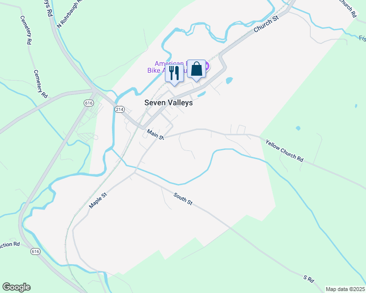 map of restaurants, bars, coffee shops, grocery stores, and more near 100 Main Street in Seven Valleys