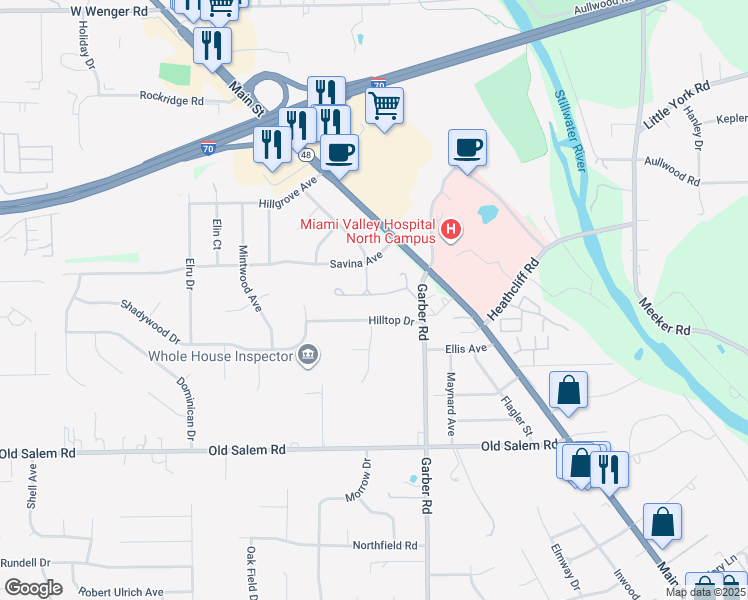 map of restaurants, bars, coffee shops, grocery stores, and more near 201 Hilltop Drive in Dayton