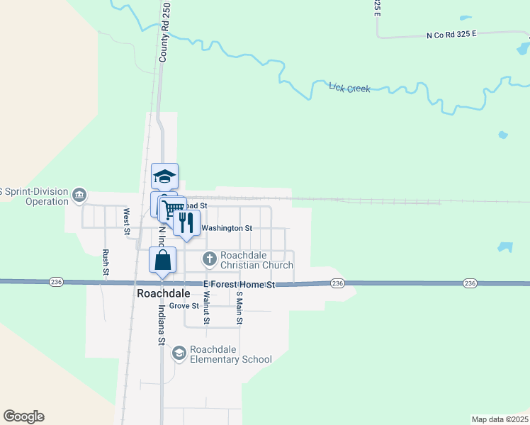 map of restaurants, bars, coffee shops, grocery stores, and more near 208 East Street in Roachdale