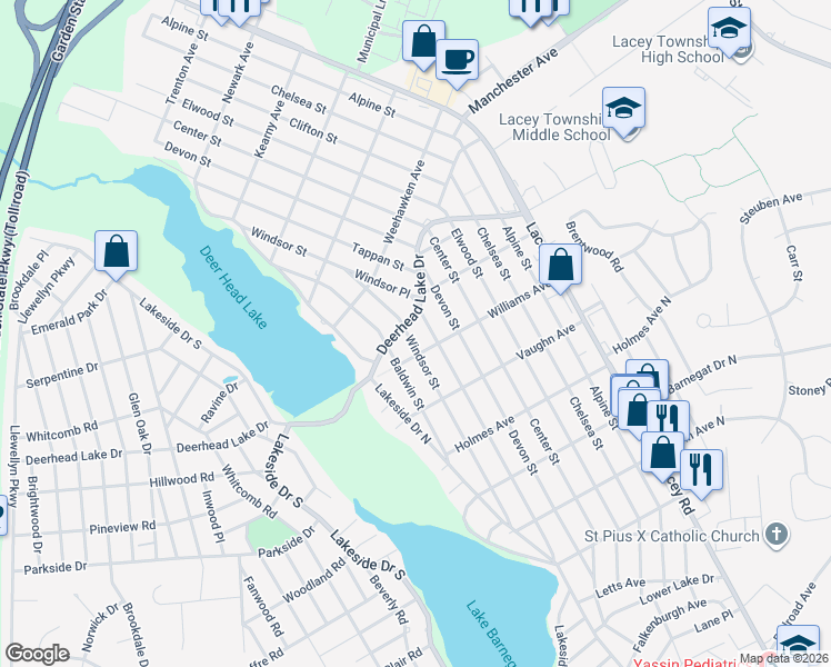 map of restaurants, bars, coffee shops, grocery stores, and more near 618 Windsor Street in Lacey Township