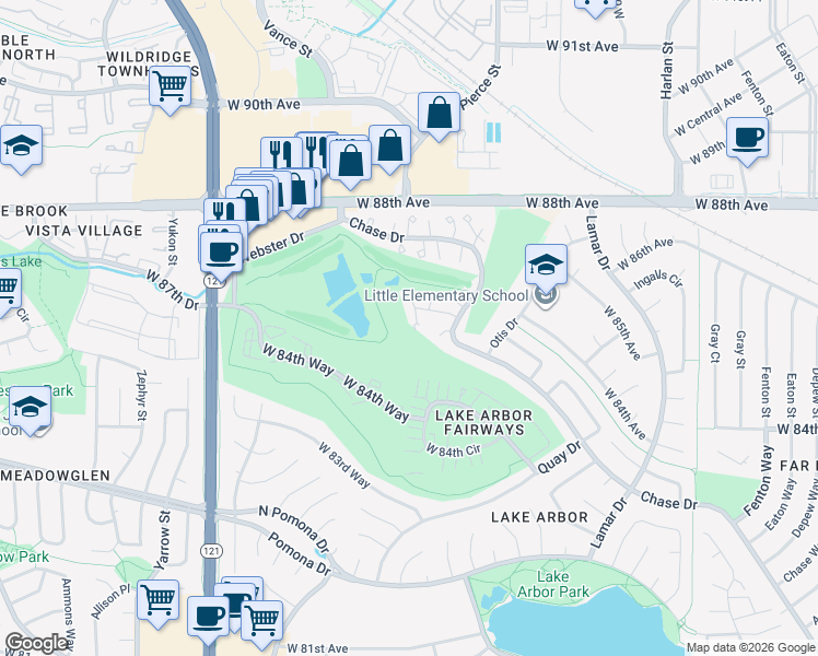 map of restaurants, bars, coffee shops, grocery stores, and more near 8647 Chase Drive in Arvada