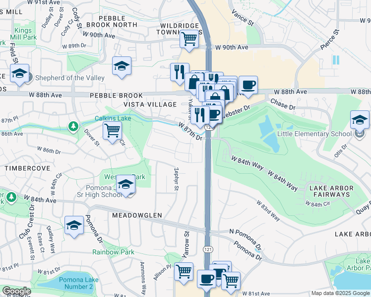 map of restaurants, bars, coffee shops, grocery stores, and more near 8685 Yukon Street in Westminster