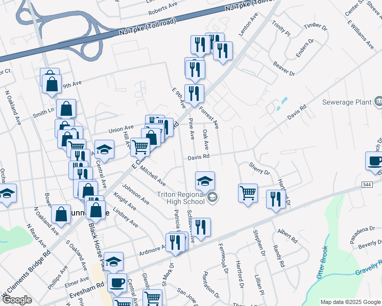 map of restaurants, bars, coffee shops, grocery stores, and more near 200 Schubert Avenue in Runnemede