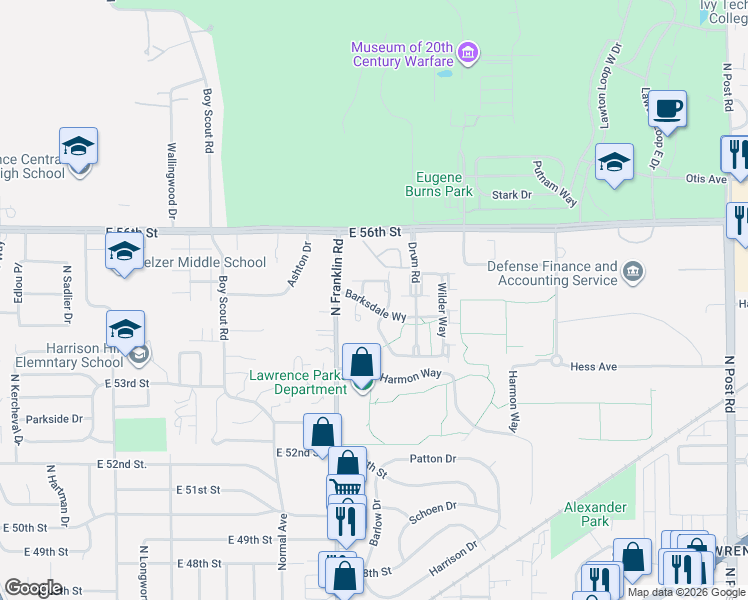 map of restaurants, bars, coffee shops, grocery stores, and more near 8109 Barksdale Way in Indianapolis