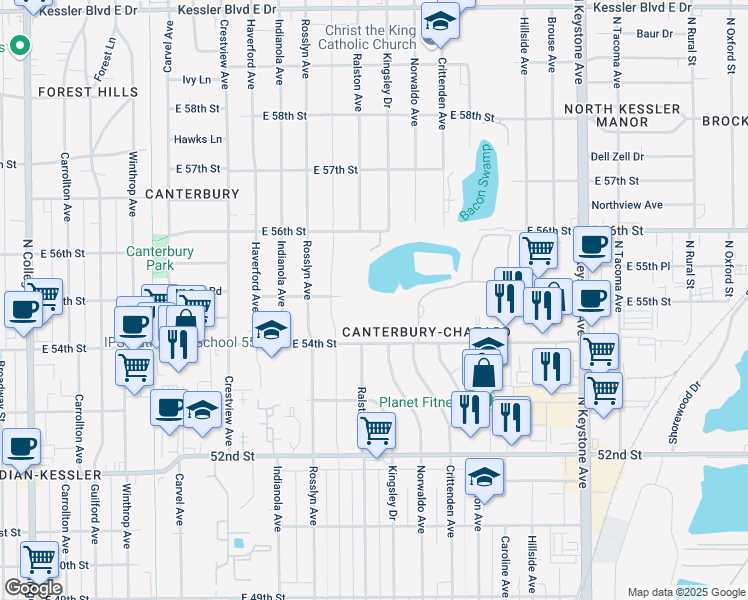 map of restaurants, bars, coffee shops, grocery stores, and more near 5423 Primrose Avenue in Indianapolis