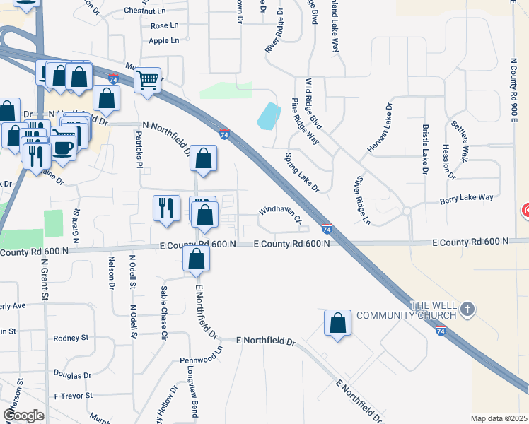 map of restaurants, bars, coffee shops, grocery stores, and more near 1122 Windhaven Circle in Brownsburg
