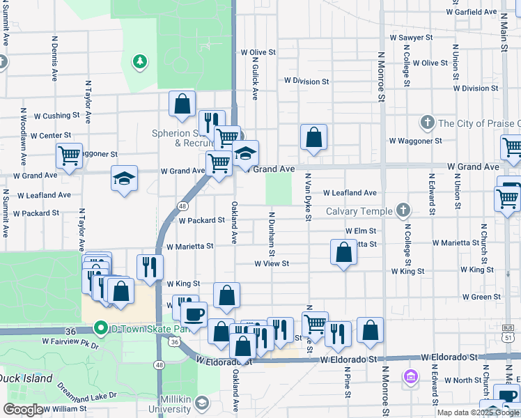 map of restaurants, bars, coffee shops, grocery stores, and more near 1025 West Leafland Avenue in Decatur