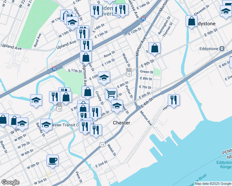 map of restaurants, bars, coffee shops, grocery stores, and more near 710 Upland Street in Chester