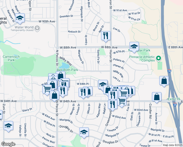 map of restaurants, bars, coffee shops, grocery stores, and more near 1300 Milky Way in Thornton